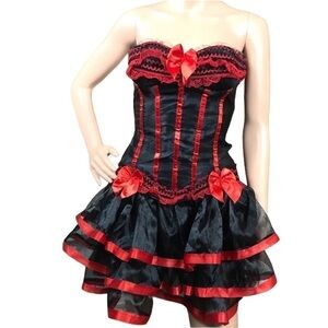 Black and red ruffled corset set